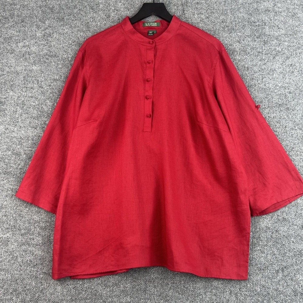 Lauren Ralph Lauren Tunic Womens 2X Red Linen Mandarin Frog Button 3/4 Sleeve